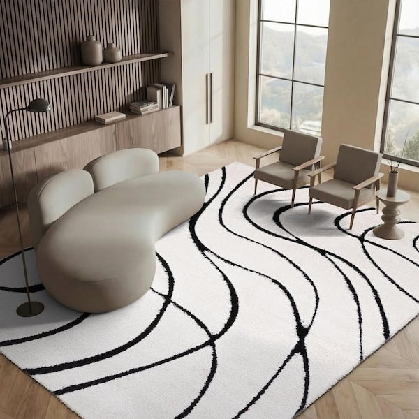 Florida Shag 6 ft. x 8 ft. Ivory/Black Solid Color Area Rug