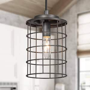 1-Light Farmhouse Industrial Rustic Gray Mini Pendant Modern Cage Foyer Hall Island Bar Pendant Light