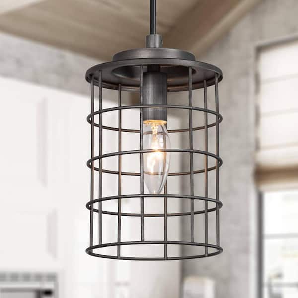 Industrial Gray 1-Light Drum Pendant Light Modern Cage Candlestick Island Pendant Light for Foyer, Hallway, Bedroom