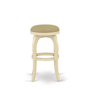 30 in. H Linen White Counter Height Wooden Barstool Round Shape with PU Leather Upholstered