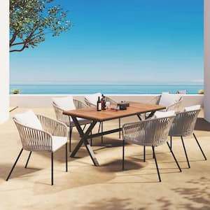 7-Piece Wicker Outdoor Bistro Patio Garden Furniture Set with Acacia Wood Table Top and Chairs, Beige Cushions