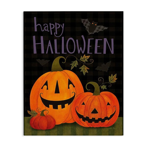 Stupell Industries Pumpkins and Bat on Plaid byBernadette Deming 1-Piece Unframed Graphic Print Typography Poster Art Print 30 in. x 24 in.