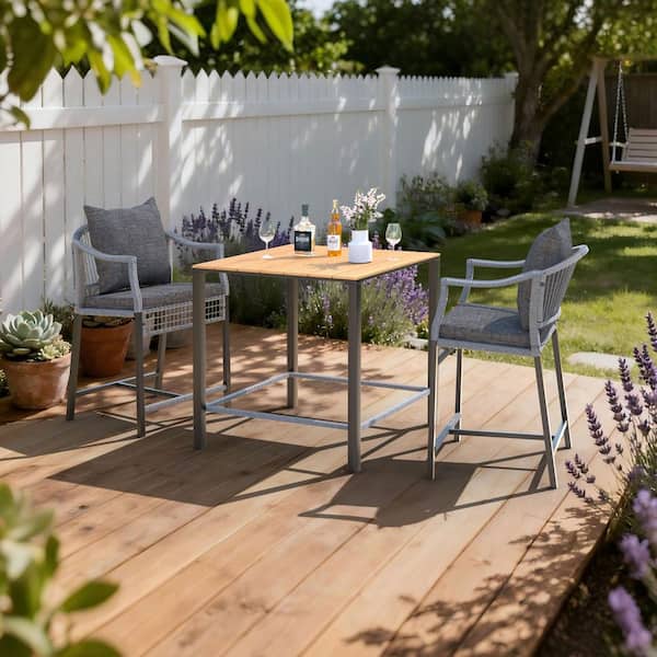 Grey 3-Piece Metal Patio Outdoor Serving Bar Set with Cushions and Pillows, Bistro Set
