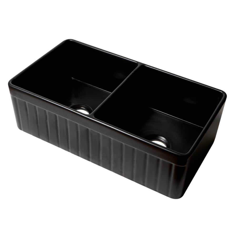 ALFI BRAND Black Matte Fireclay 33 in. Double Bowl Farmhouse Apron