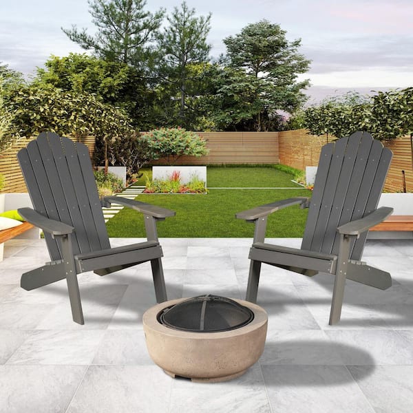 HOOOWOOO Lanier 3-Piece Charcoal Grey Recycled Plastic Patio Conversation Adirondack Chair Set with a Brown Wood-Burning Firepit