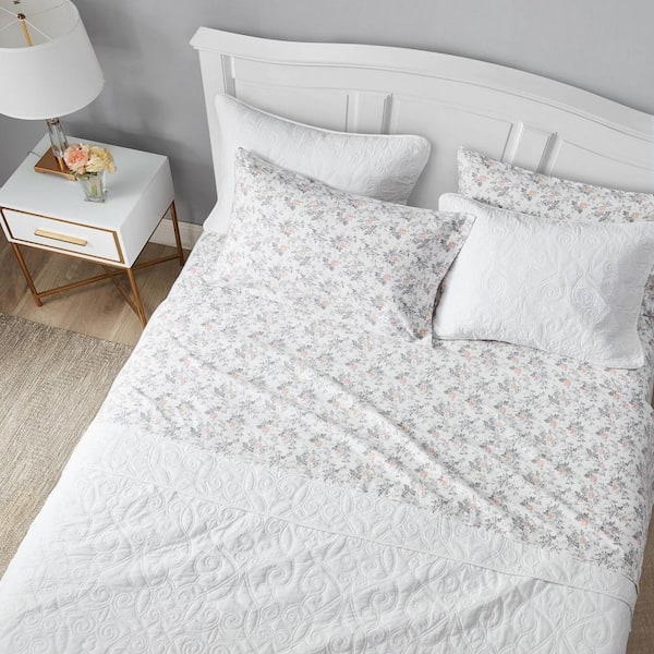 Laura Ashley Rosalie 4-Piece Light Pastel Gray Floral Flannel King