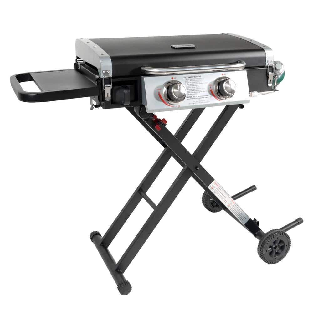 25 in. 2-Burner Portable Propane Gas Griddle with Lid and Folding Cart in Black