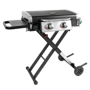 2-Burner Portable LP Gas Griddle with Lid and Folding Cart in Black
