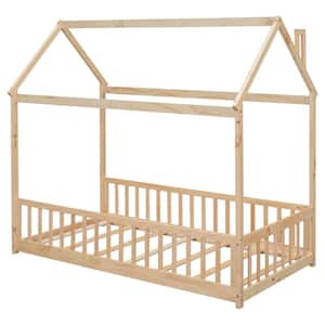 Natural Wood Frame Twin Size House Platform Bed, Floor Bed Fence Bedrails, Roof