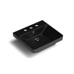 Luxury 50 Ceramic Rectangle Wall Mounted/Drop-In Sink With three faucet holes in Matte Black