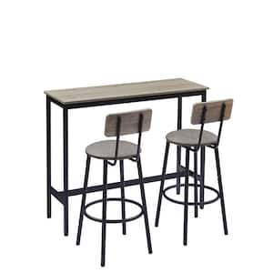 3-Piece Metal Outdoor Bistro Set with 2 stools, PU Soft Seat with Backrest, Black Cushions, Industry Style, Gray