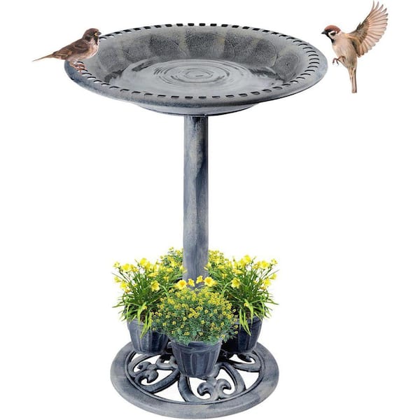 Outdoor Bird Bath with 4 Removable Flower Planters: 28 in. Lightweight Polyresin Vintage Stake Design Gray