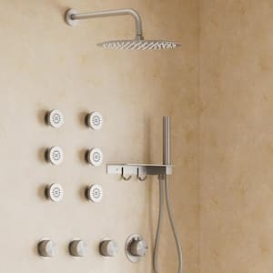 Thermostatic 7-Spray 12 in. Wall Mount Round Shower System with Shelf and Hooks in Brushed Nickel (Valve Included)