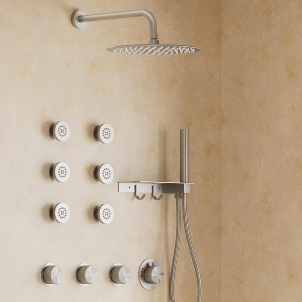 YAWWALK Thermostatic 7-Spray 12 in. Wall Mount Round Shower System with Shelf and Hooks in Brushed Nickel (Valve Included)