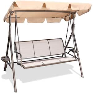 3-Person Beige Metal Outdoor Patio Swing Chair with Canopy