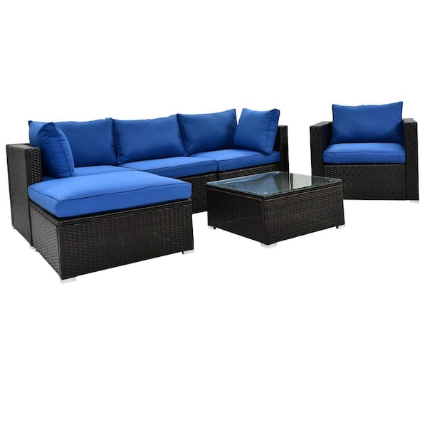 URTR 6-Piece Patio Furniture Set, PE Rattan Wicker Conversation Set Outdoor Sectional Sofa Chair with Ottomans, Blue Cushion