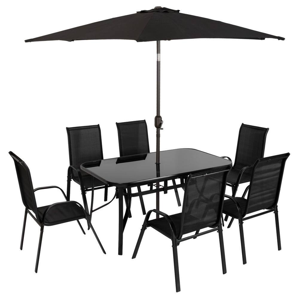 Black 6-Person Outdoor Dining Set with Glass Table and Umbrella
