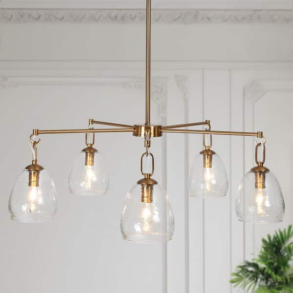28.7 in. Modern 5-Light Brass Gold Island Chandelier for Kitchen with Bell Glass Shades Dining Room Pendant Light