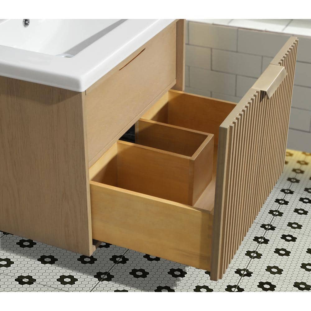 24'' Oak Floating Single Bathroom Vanity with Ceramic Sink