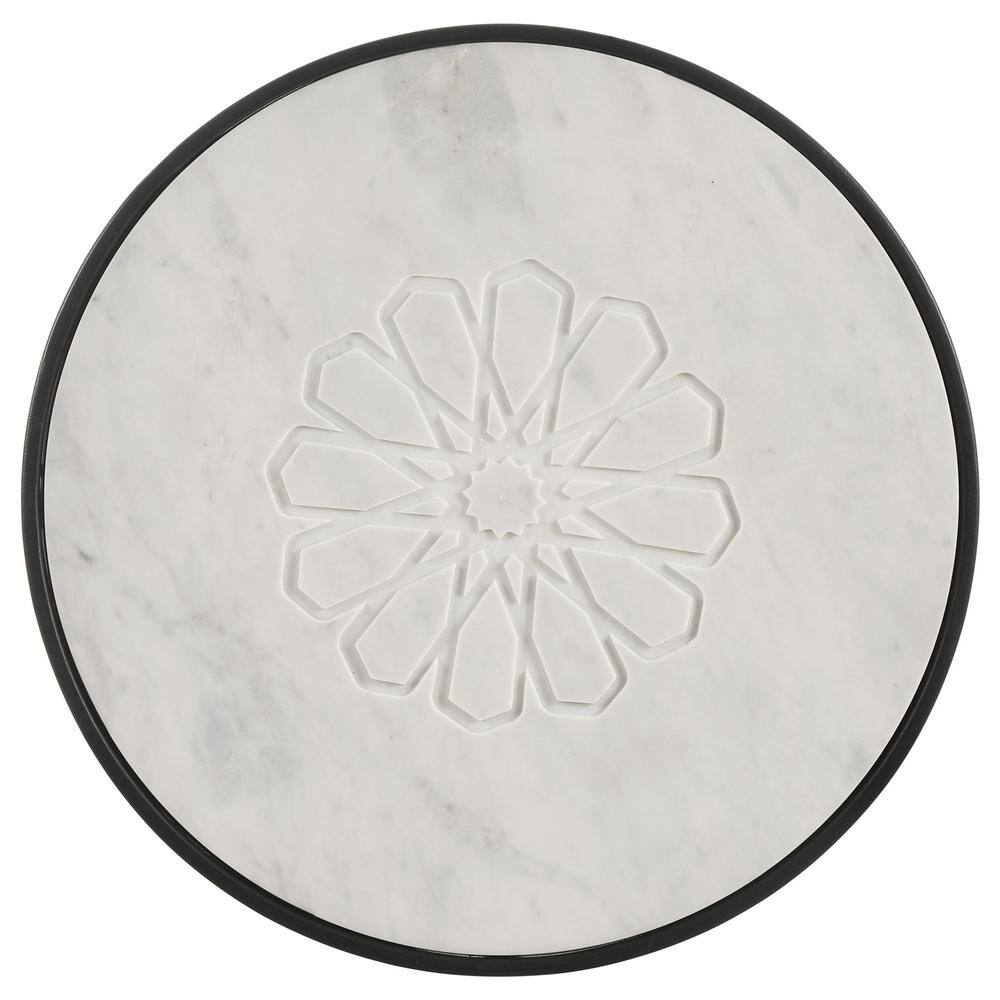 Round White Marble and Black Iron Side Table