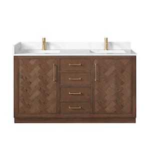 Jakarta 60 in. W. x 22 in. D x 33.9 in. H Double Bath Vanity in Aged Dark Brown Oak with Silk White Quartz Stone Top