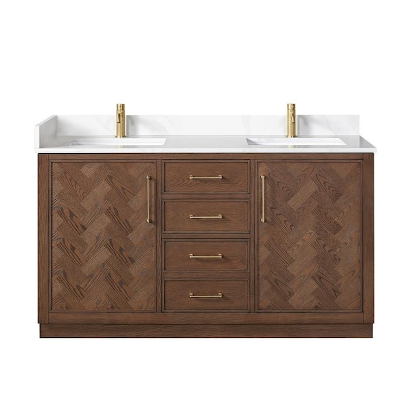 Jakarta 60 in. W. x 22 in. D x 33.9 in. H Double Bath Vanity in Aged Dark Brown Oak with Silk White Quartz Stone Top