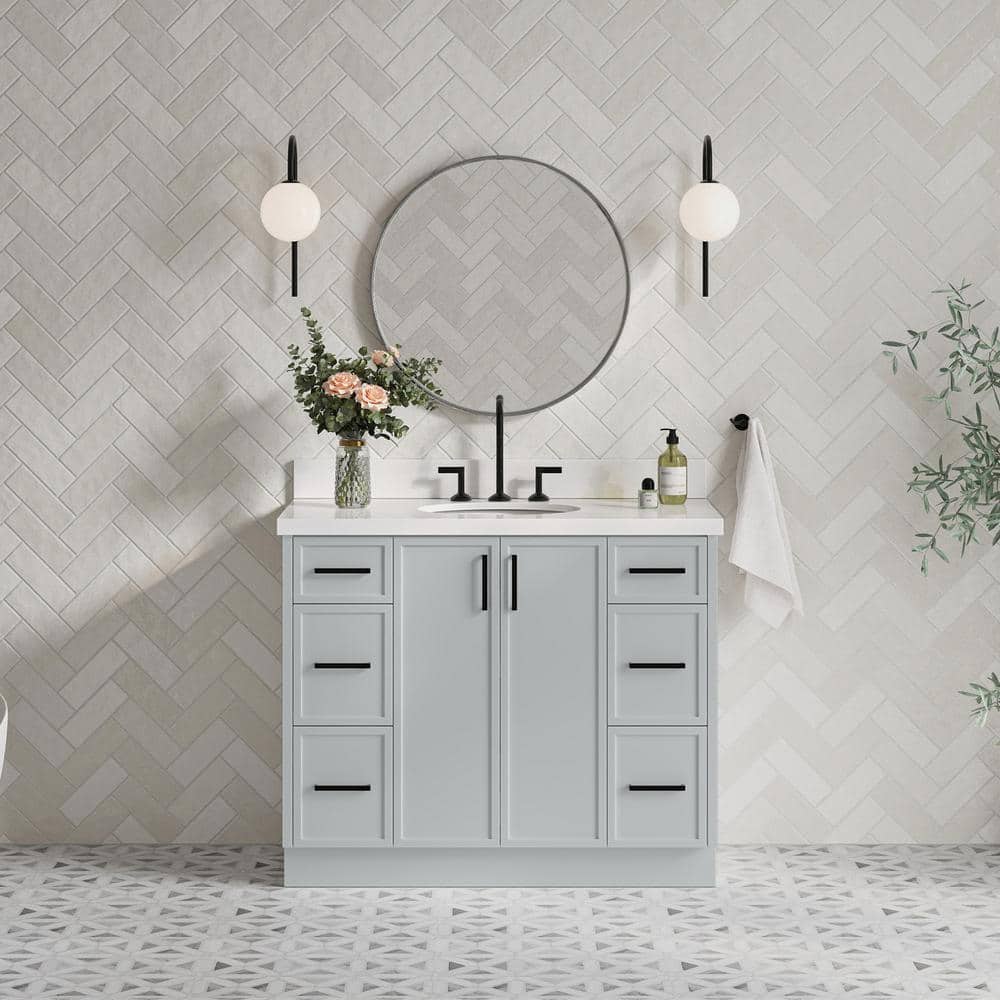 Kelly 43" Light Gray Wood Single Vanity with White Quartz Top