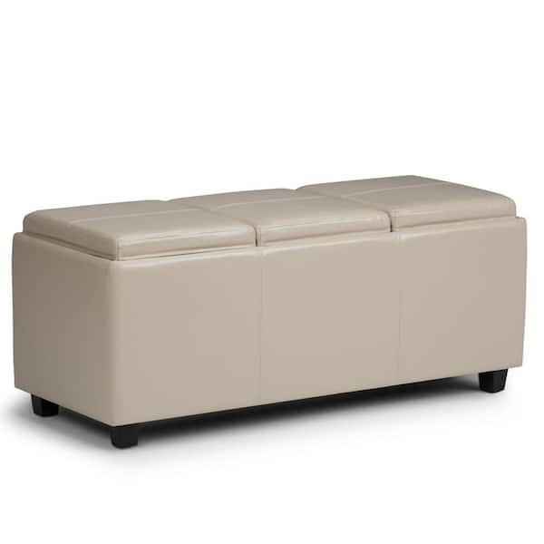 Simpli Home Avalon 42 in. Wide Contemporary Rectangle Storage Ottoman in Satin Cream Vegan Faux Leather