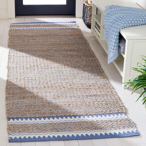 Natural Fiber Beige/Blue 3 ft. x 8 ft. Woven Border Runner Rug
