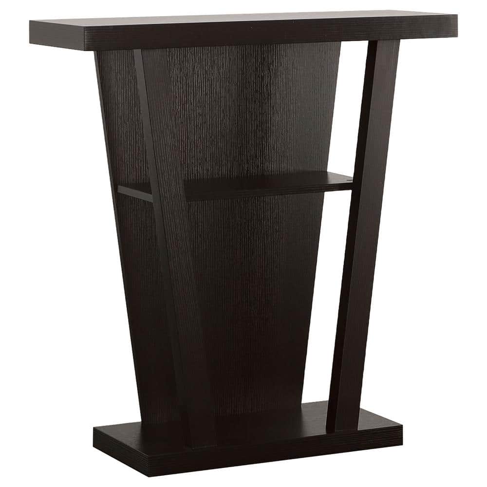 Transitional Cappuccino Console Table with Slanted Silhouette and Storage