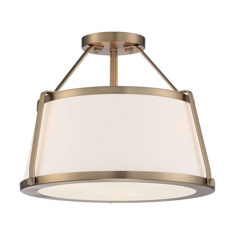 Cutty 3-Light Semi-Flush Mount in Burnished Brass with White Fabric Shade