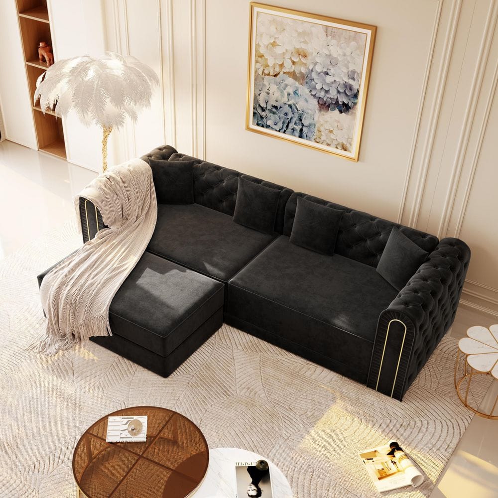 90.6 in. Rolled Arm Velvet Sofa in Black with Button Tufted and Gold Edge Trim price history on PriceWatchPro