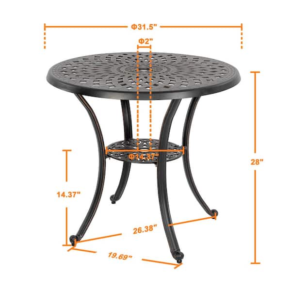 Black with Gold-painted Edge Round Cast Aluminum Outdoor 31 in. Bistro Table with 2 in. Umbrella Hole