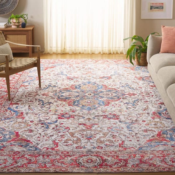 Vintage Serapi Red Orange/Blue  8 ft. x 10 ft. Machine Washable Border Abstract Area Rug