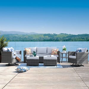 Positano Gray 6-Piece Wicker Patio Conversation Set with Gray Cushions and Swivel Rocking Chairs