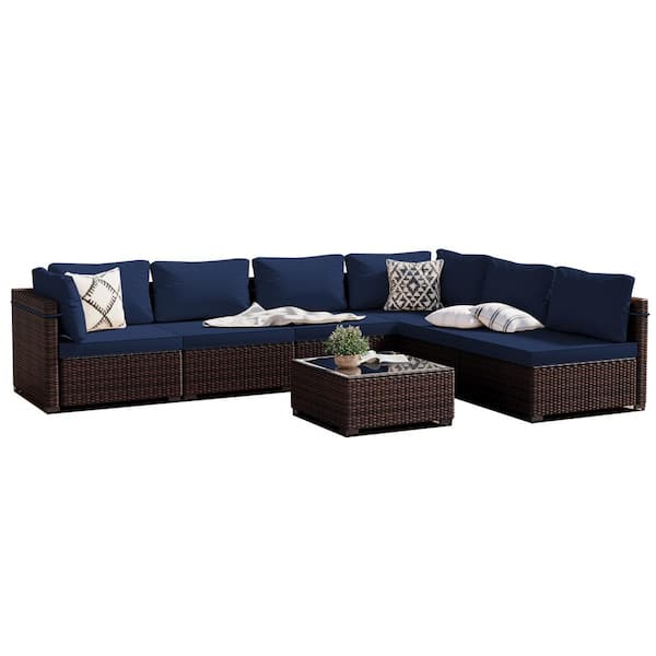 PATIOGUARDER 7-Piece Wicker Patio Conversation Seating Set with Navy Blue Cushions and Coffee Table
