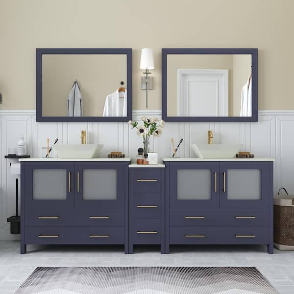 Vanity Art Ravenna 84 in. W Double Sink Bathroom Vanity in Blue with Engineered Marble Top in White and Mirror