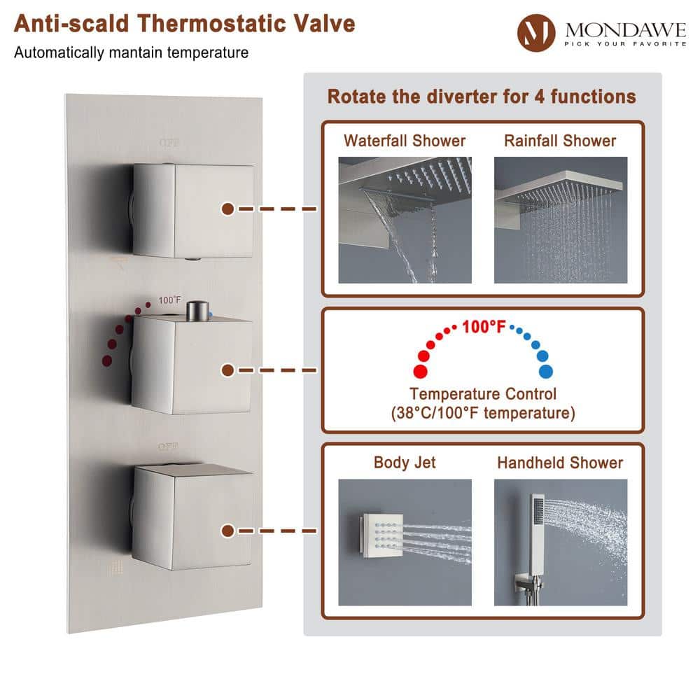 Large Brushed Nickel Dual Rain and Jet Shower System