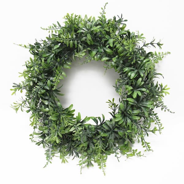14 in. Frosted Green Artificial Mix Fern Flowering Leaf Foliage Greenery Wreath