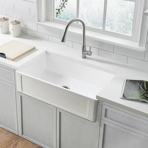 Holbrook Pure Stone 30 in. Single Bowl Farmhouse Apron Kitchen Sink with Grid and Strainer in White