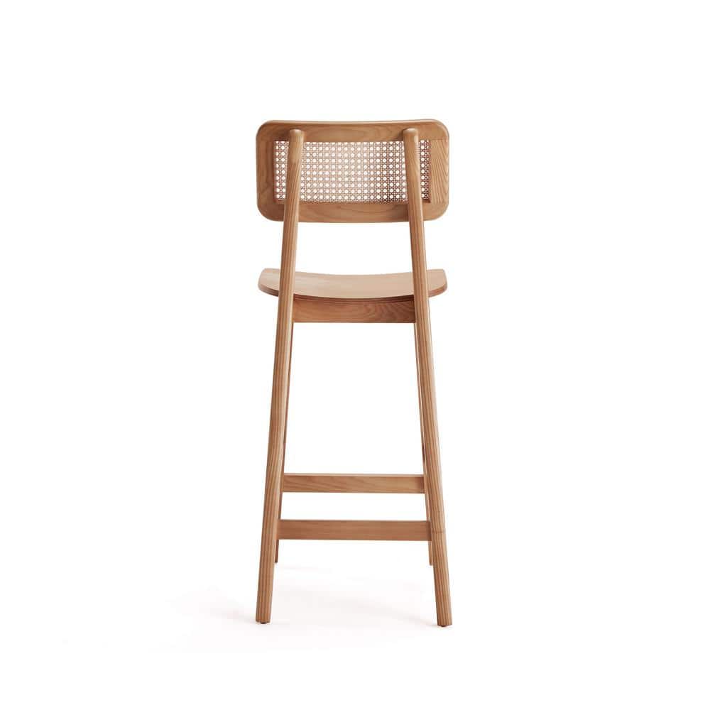 Set of 3 Natural Ash Wood and Cane Counter Stools