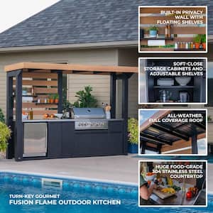 Fusion Flame 5-Burner Propane Gas Grill Island with Rotisserie and Outdoor Rated Refrigerator in Stainless Steel