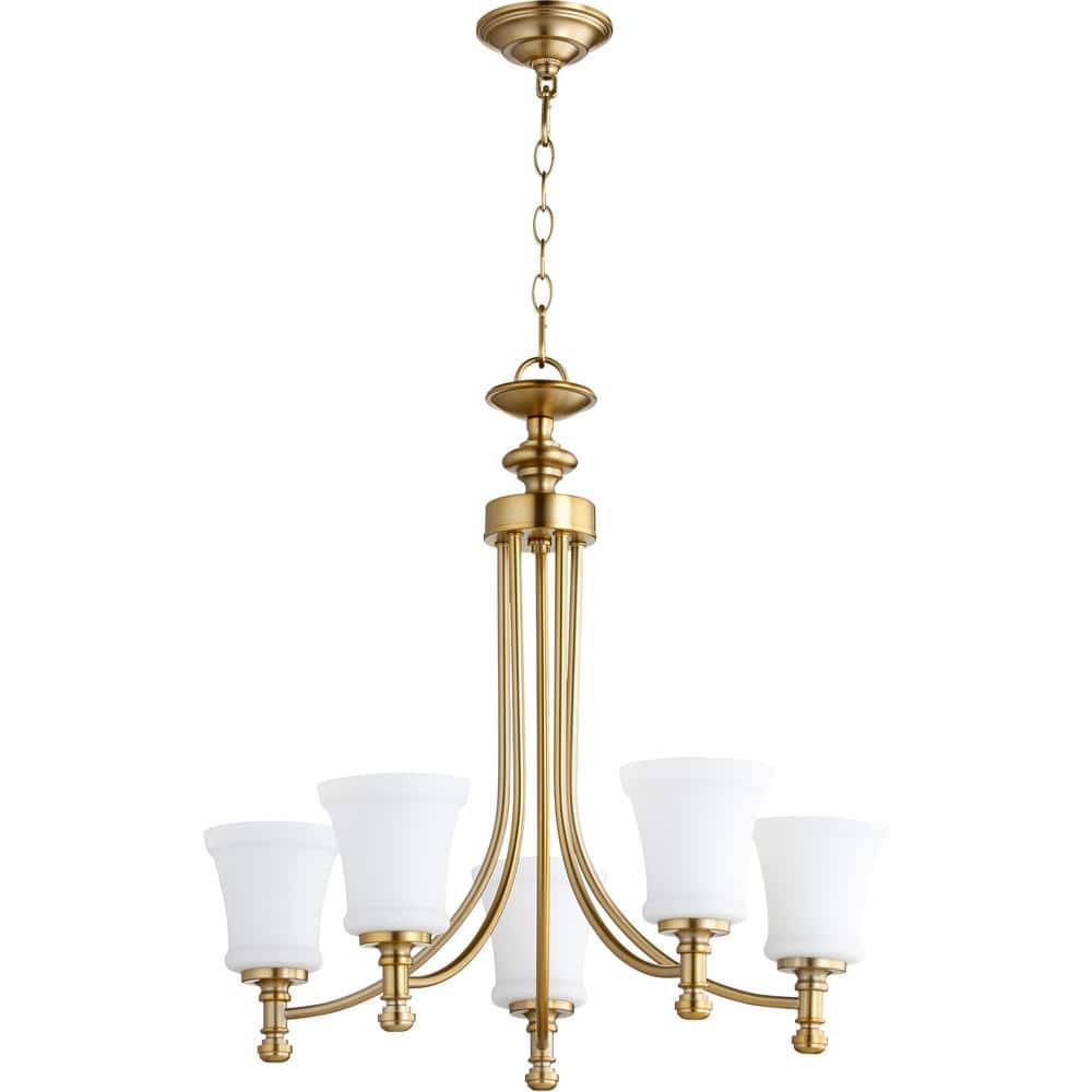 Rossington Aged Brass 5-Light Chandelier with Satin Opal Shade