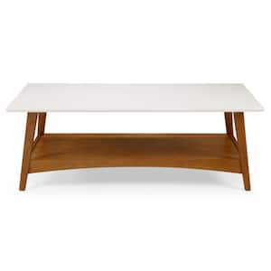 Mid Century Modern 48 in. White/Castanho Rectangle MDF Wood Coffee Table with Solid Wood Base
