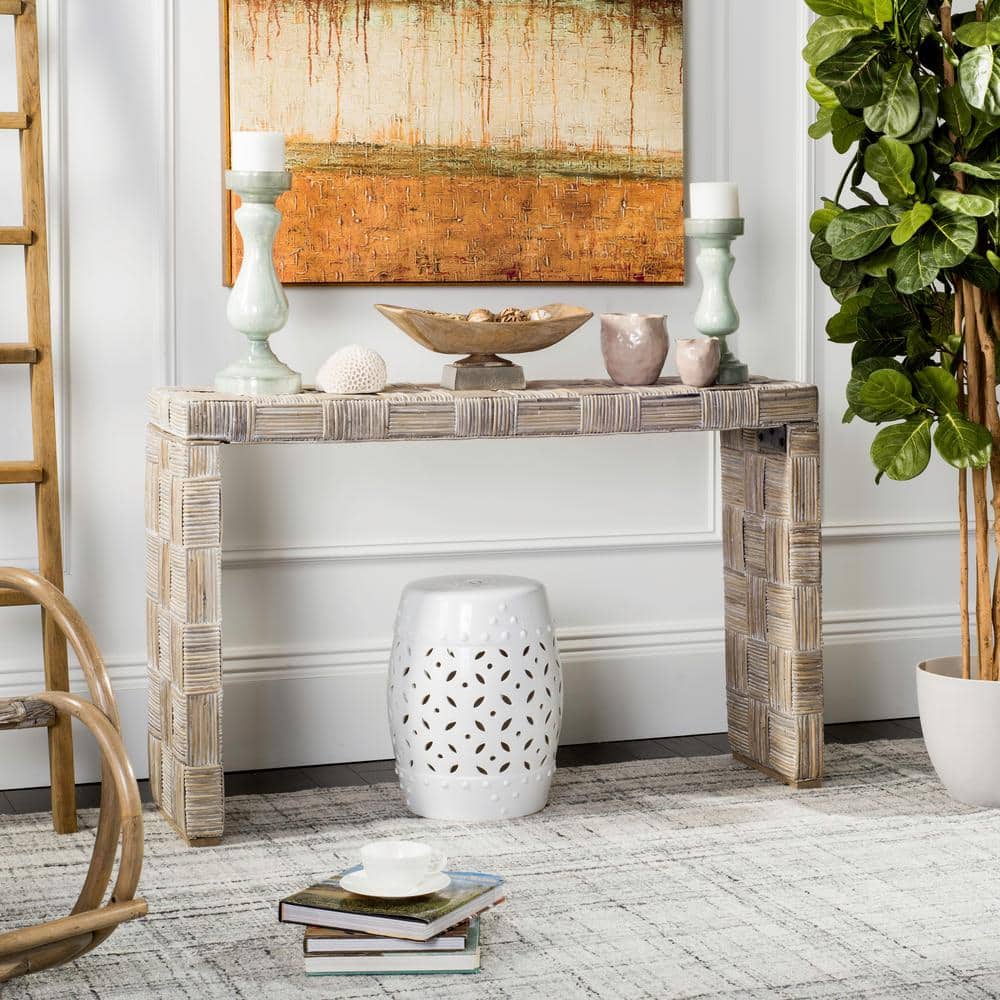 Adkin Whitewashed Rattan and Mango Wood Rectangular Console Table