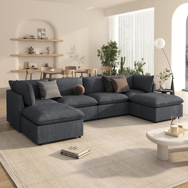 136.2 in. 6 Seat U-Shape Polyester Sectional Sofa in Gray with Thick Cushions, 2 Removable Ottomans