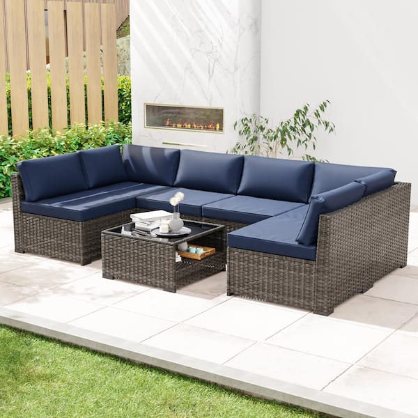 7-Piece Outdoor Wicker Patio Sectional Sofa Conversation Set with Blue Cushions