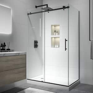48 in. W x 34 in. D x 76 in. H Sliding Frameless Shower Door in Black Finish with Clear Glass