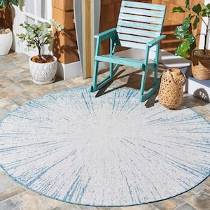 Courtyard Beige/Aqua 7 ft. Round Floral Abstract Indoor/Outdoor Area Rug