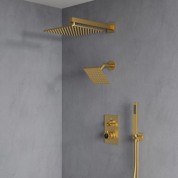 EVERSTEIN 6 in. and 7-Spray 12 in. Thermostatic Wall Bar Shower Systems with Handheld 2.5 GPM in Brushed Gold (Valve Included)